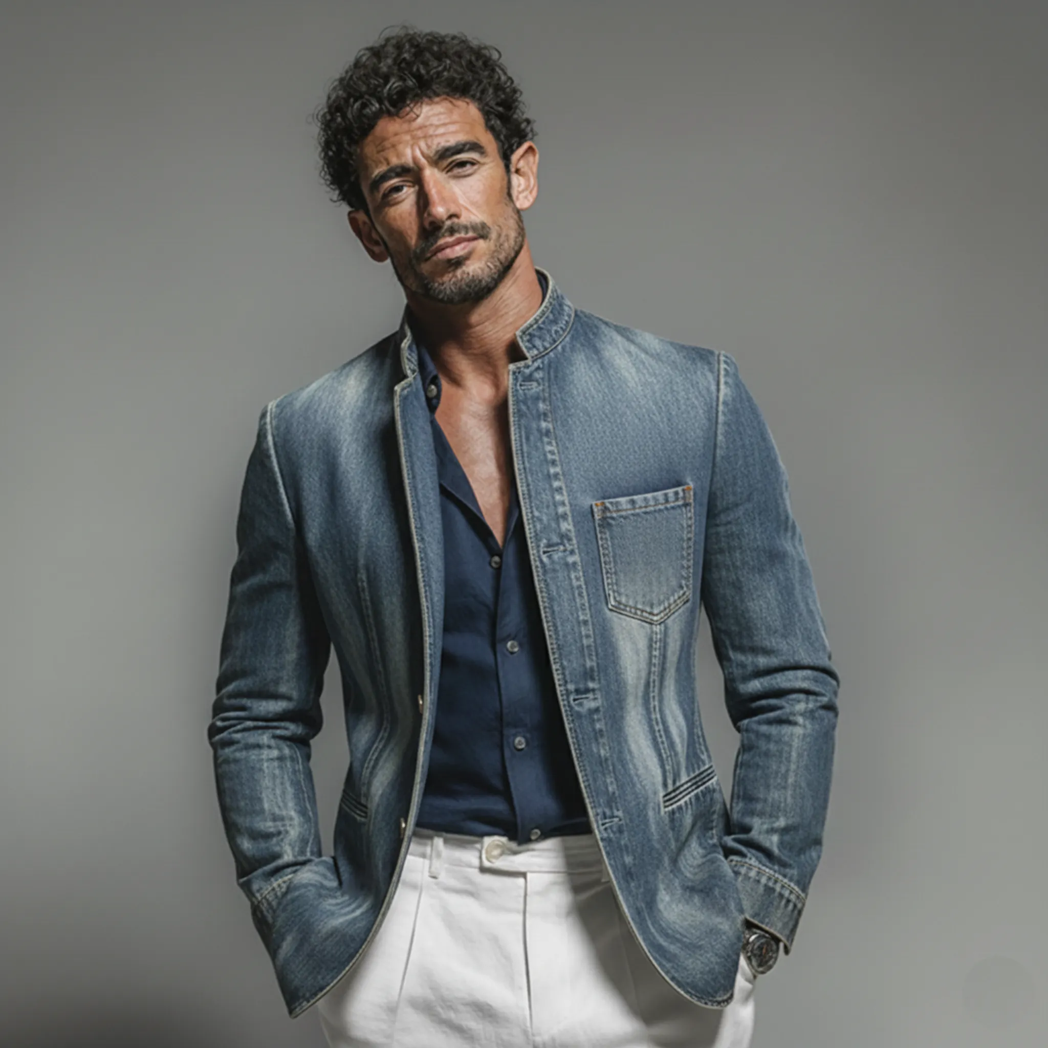 Men's Classic Retro Stand-up Collar Washed Denim Single-breasted Jacket MTA3021K4K sold by Manly product image thumbnail 2