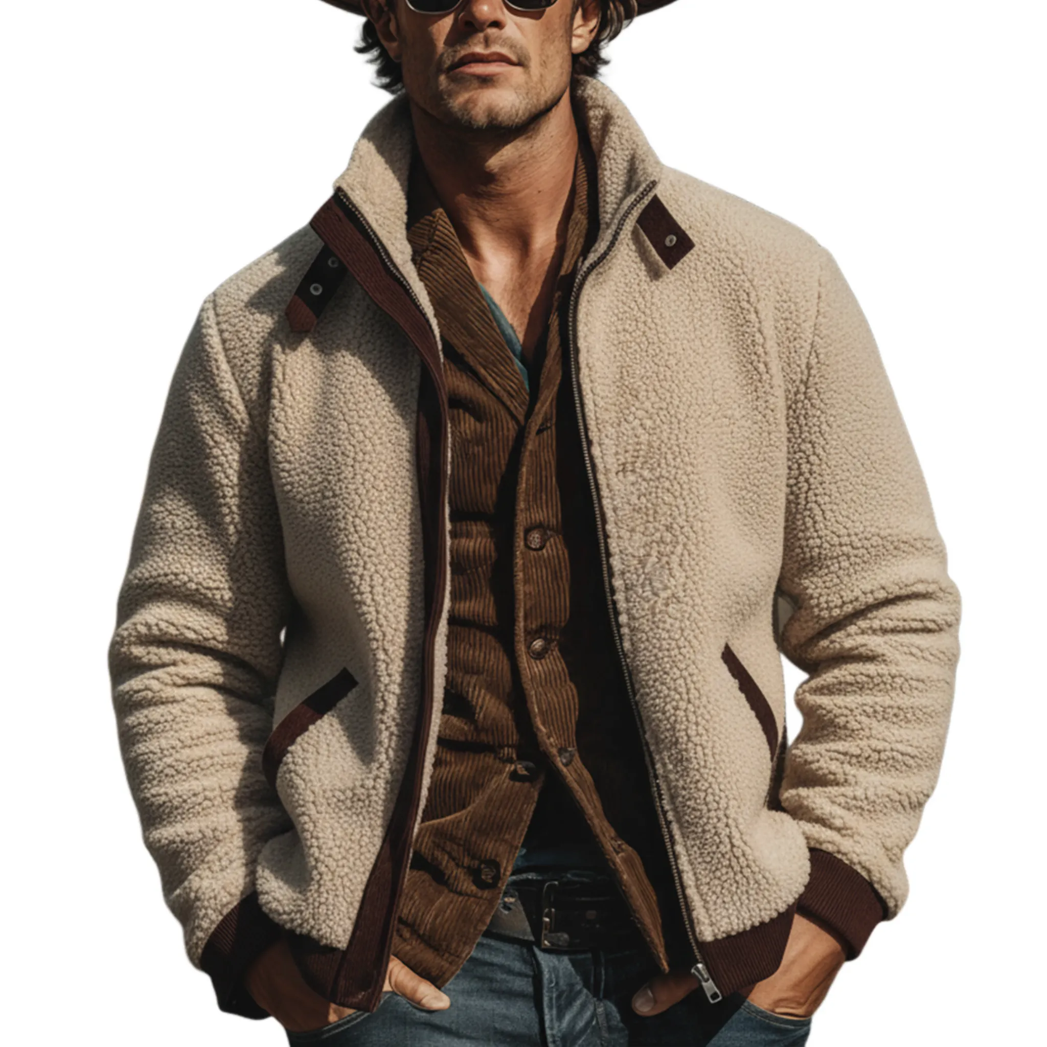Men's Classic Retro Western Style Stand Collar Fleece And Corduroy Zip-Up Jacket MTA3084K3K sold by Manly