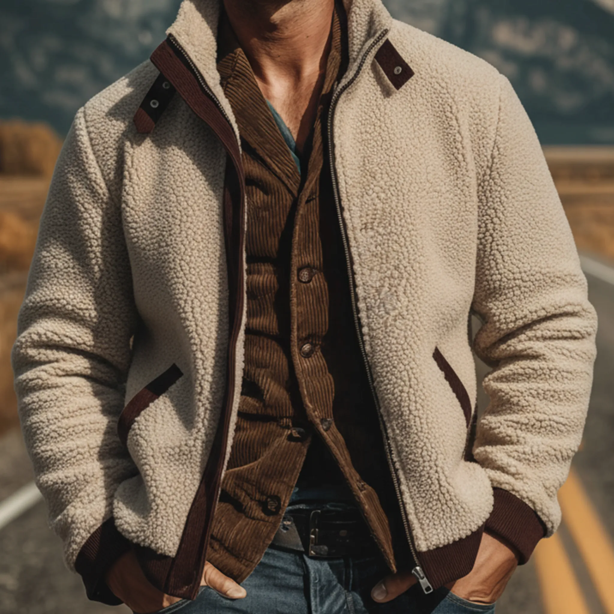 Men's Classic Retro Western Style Stand Collar Fleece And Corduroy Zip-Up Jacket MTA3084K3K sold by Manly product image thumbnail 5