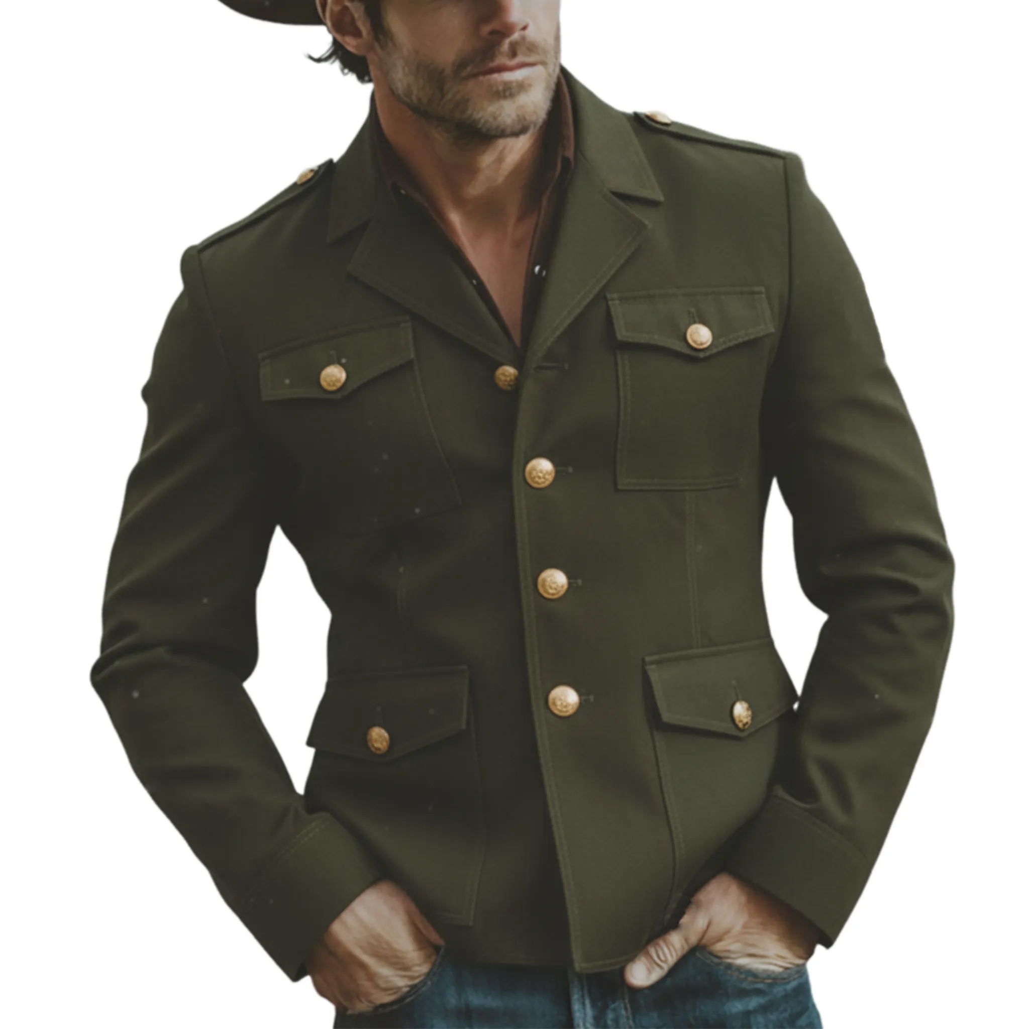 Men's Classic Retro Stand Collar Cotton Blend Multi-Pocket Jacket MTA3005K3K sold by Manly