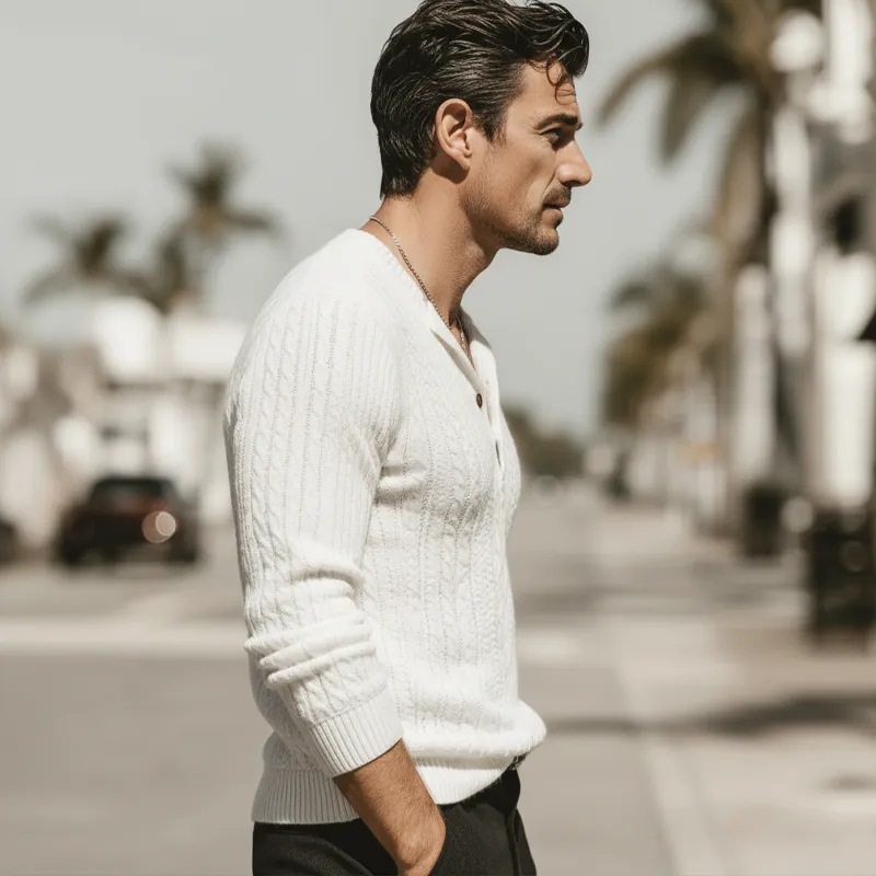 Men's Classic Knit Jacquard Three-button Henley Neck Slim-fit Sweater MTA3098K5U sold by Manly product image thumbnail 4