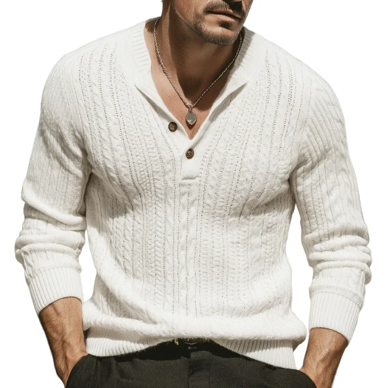 Men's Classic Knit Jacquard Three-button Henley Neck Slim-fit Sweater MTA3098K5U sold by Manly