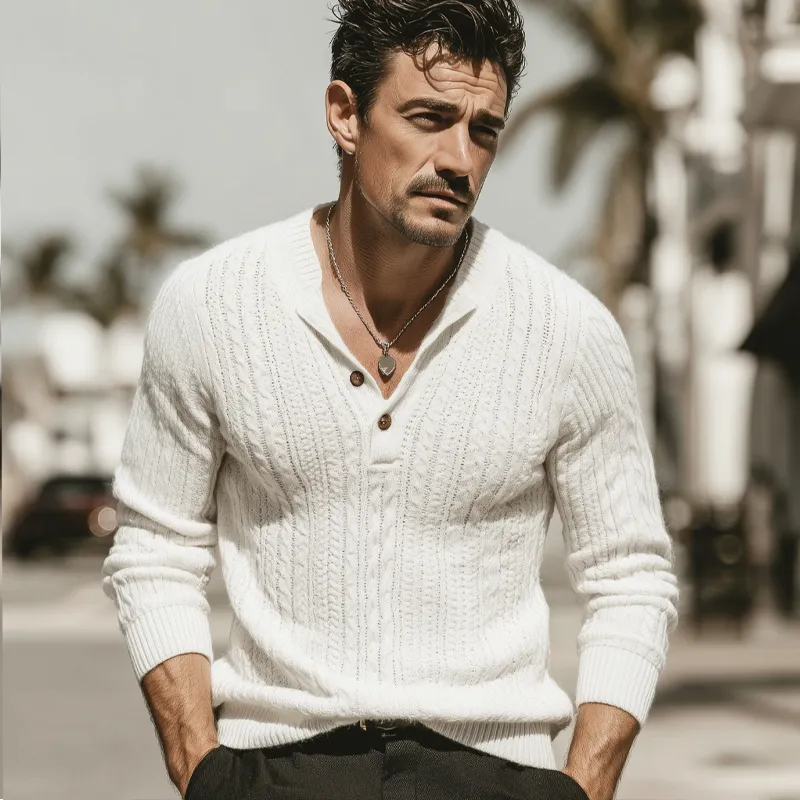 Men's Classic Knit Jacquard Three-button Henley Neck Slim-fit Sweater MTA3098K5U sold by Manly product image thumbnail 3