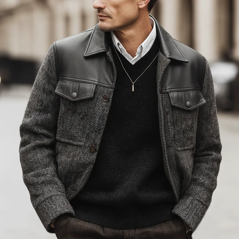 Men's Classic PU Leather Patchwork Faux Wool Button Jacket MTA3038K7U sold by Manly product image thumbnail 5