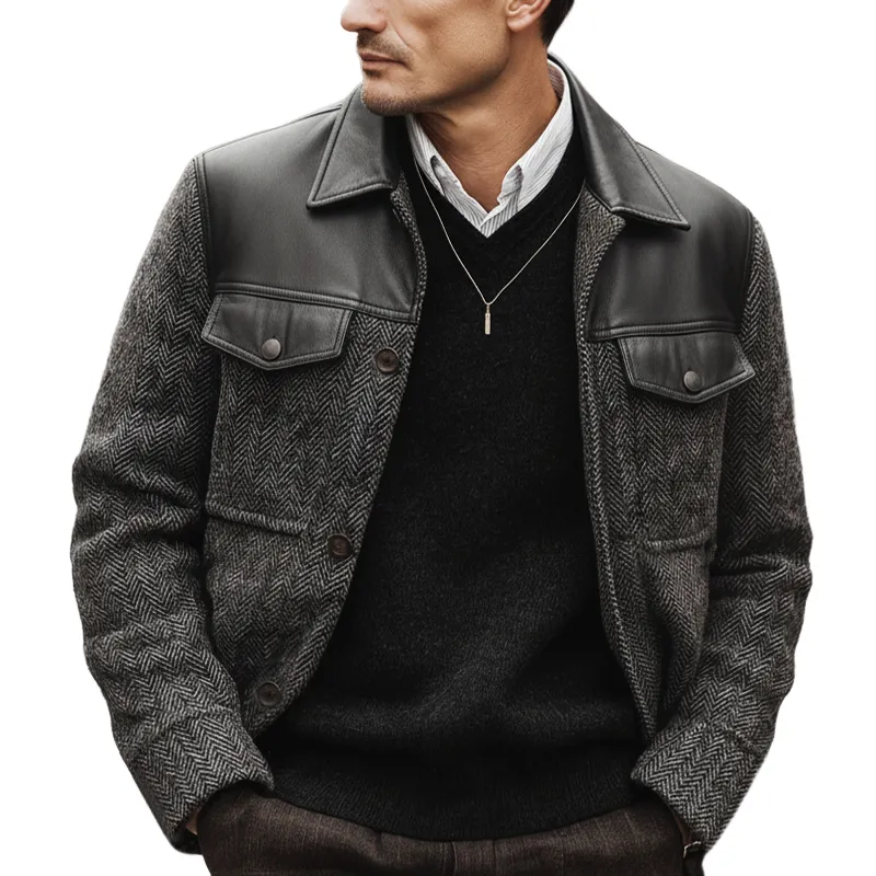 Men's Classic PU Leather Patchwork Faux Wool Button Jacket MTA3038K7U sold by Manly