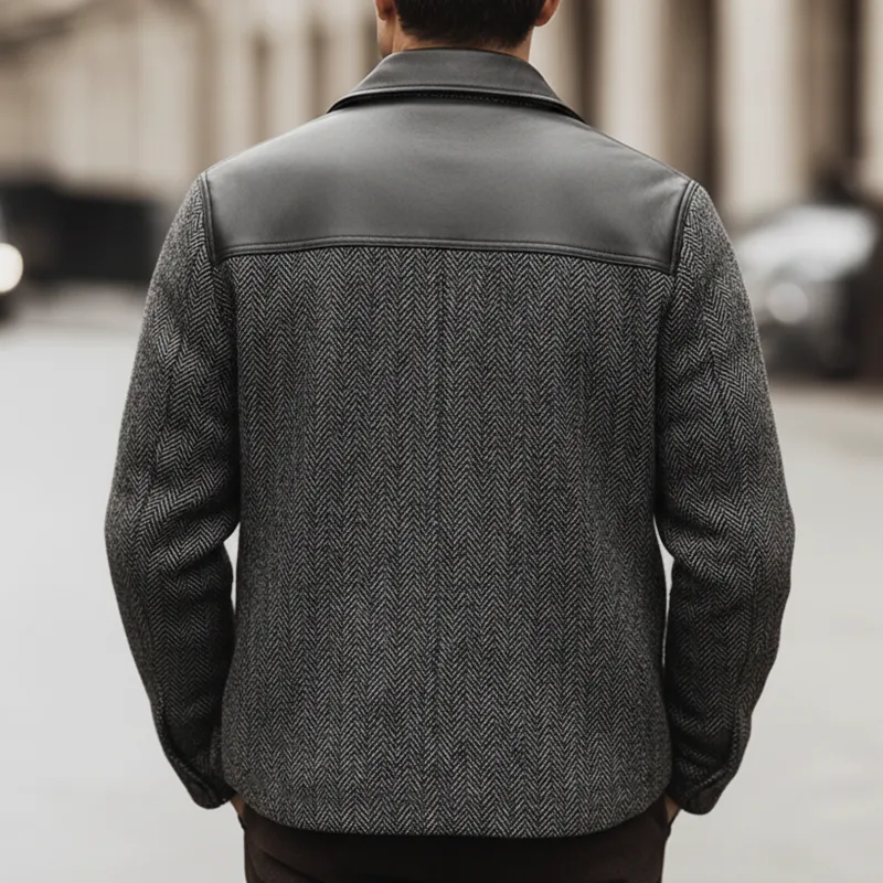 Men's Classic PU Leather Patchwork Faux Wool Button Jacket MTA3038K7U sold by Manly product image thumbnail 4