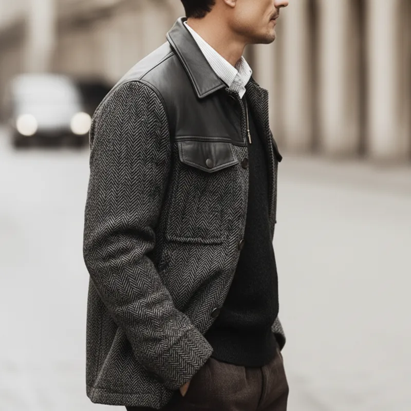 Men's Classic PU Leather Patchwork Faux Wool Button Jacket MTA3038K7U sold by Manly product image thumbnail 3