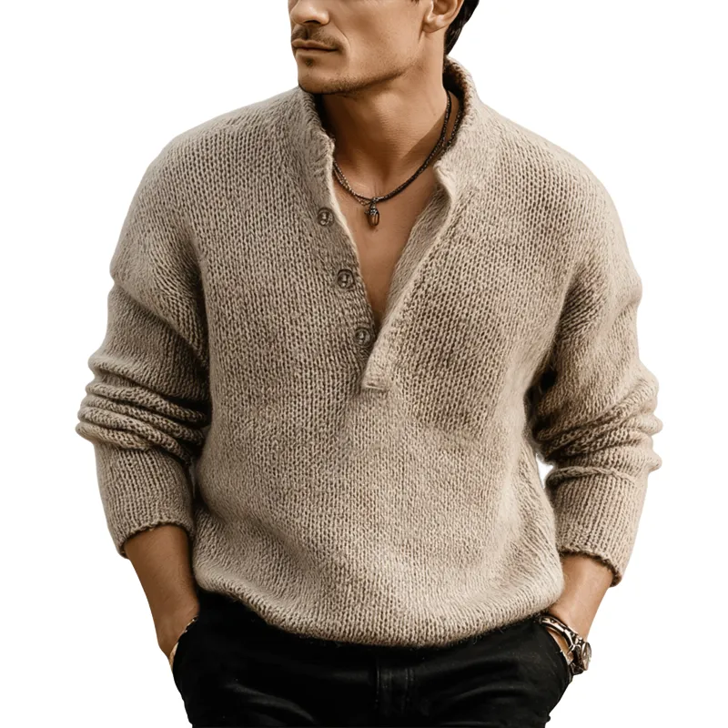 Men's Classic Light Khaki Button-up Stand-collar Knitted Sweater MTA3093K1U sold by Manly