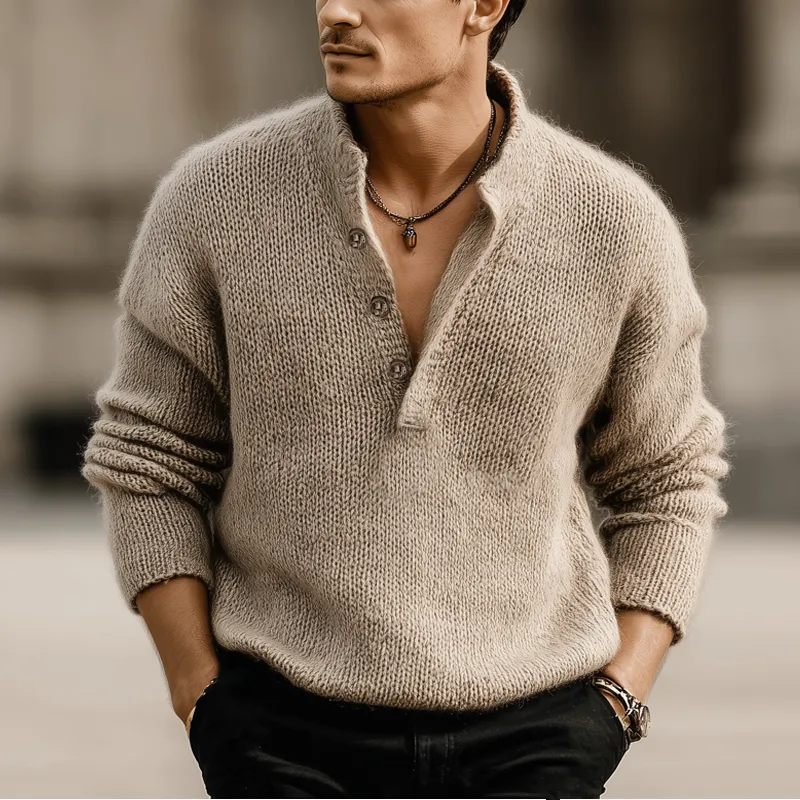 Men's Classic Light Khaki Button-up Stand-collar Knitted Sweater MTA3093K1U sold by Manly product image thumbnail 2