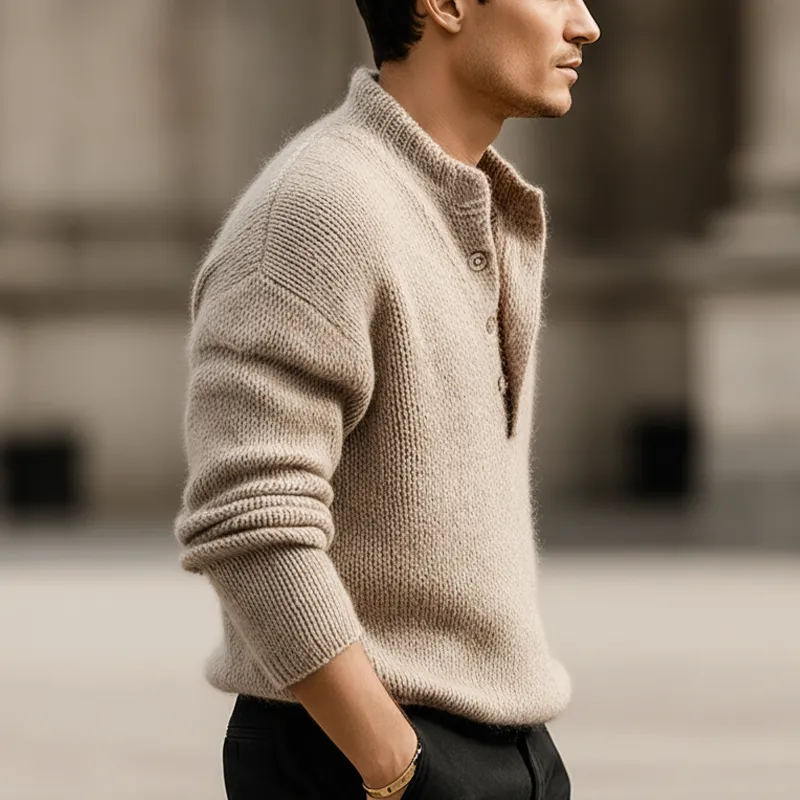 Men's Classic Light Khaki Button-up Stand-collar Knitted Sweater MTA3093K1U sold by Manly product image thumbnail 3