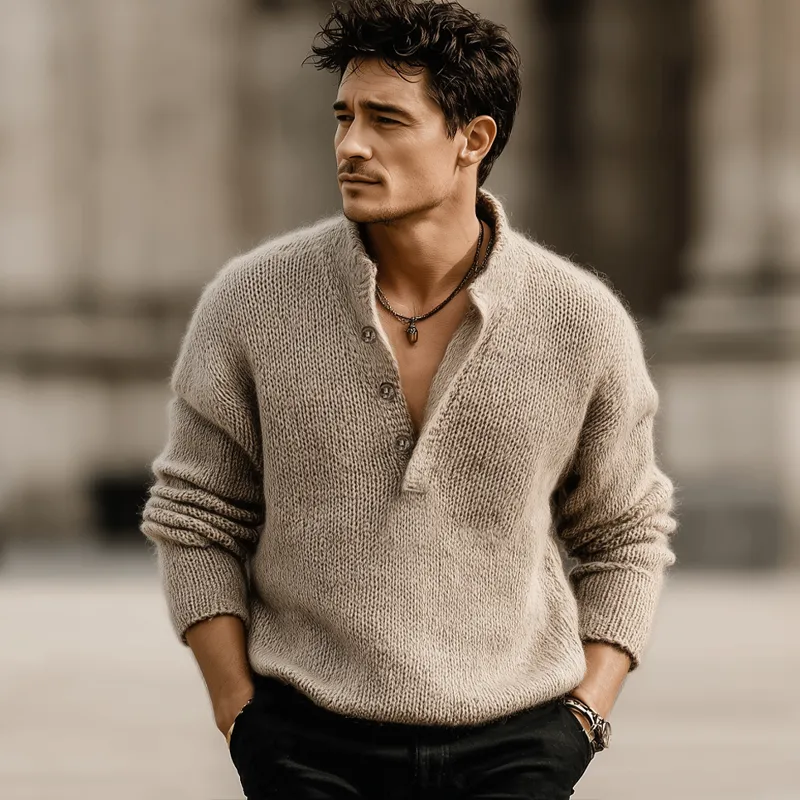 Men's Classic Light Khaki Button-up Stand-collar Knitted Sweater MTA3093K1U sold by Manly product image thumbnail 5