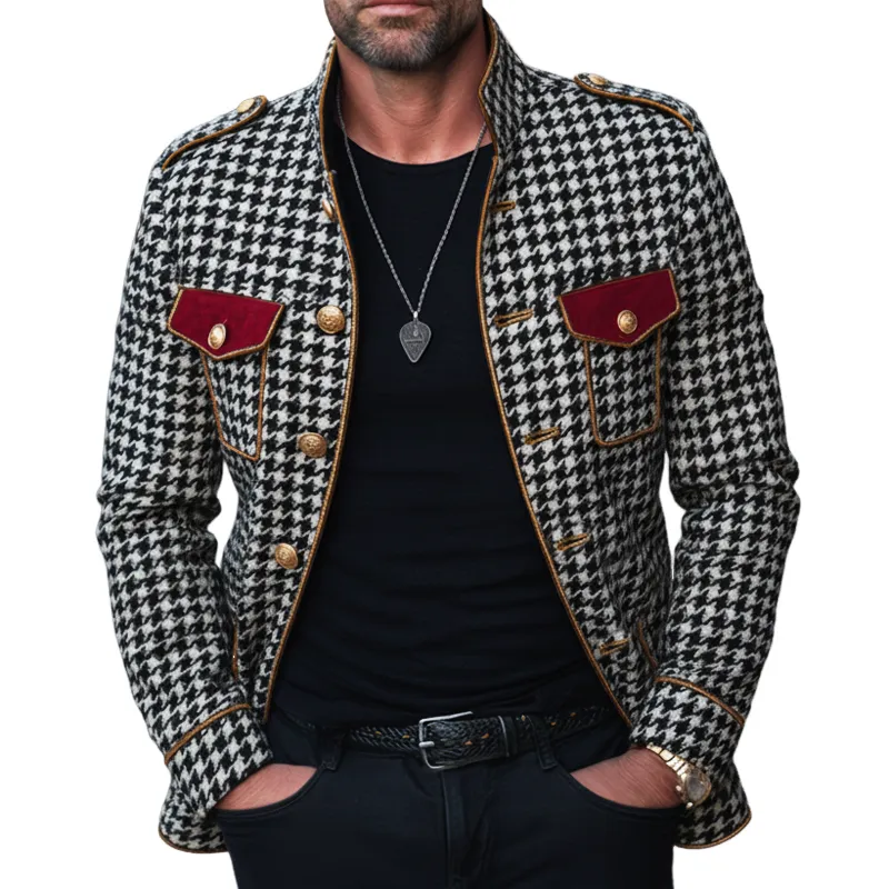 Men's Classic Stand-collar Houndstooth Faux Wool Slim-fit Jacket MTA3043K2U sold by Manly