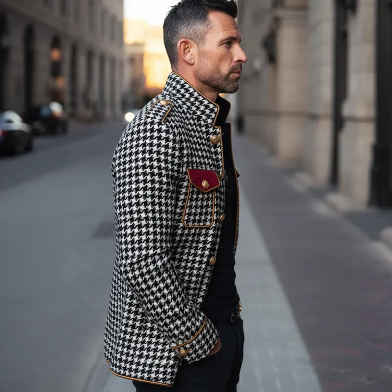 Men's Classic Stand-collar Houndstooth Faux Wool Slim-fit Jacket MTA3043K2U sold by Manly product image thumbnail 3