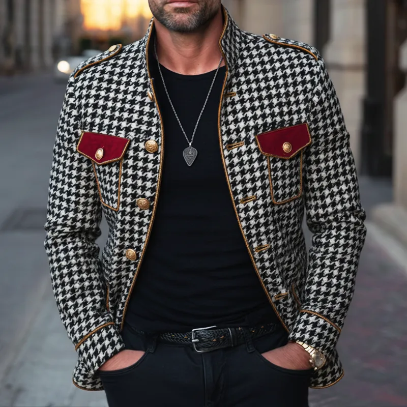Men's Classic Stand-collar Houndstooth Faux Wool Slim-fit Jacket MTA3043K2U sold by Manly product image thumbnail 5