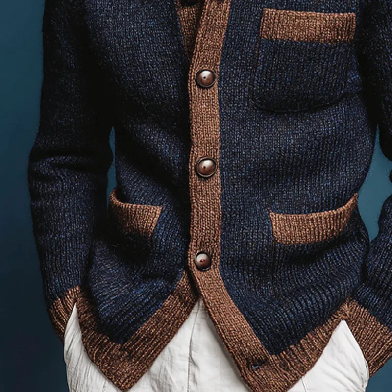 Men's Color-blocked Retro Stand-up Collar Button-down Knit Cardigan MTA3010K9X sold by Manly product image thumbnail 2