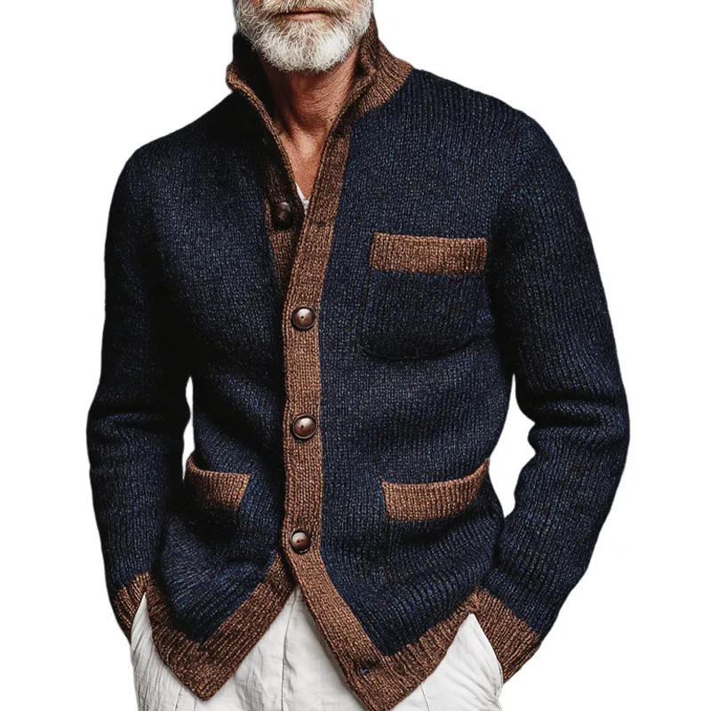 Men's Color-blocked Retro Stand-up Collar Button-down Knit Cardigan MTA3010K9X sold by Manly