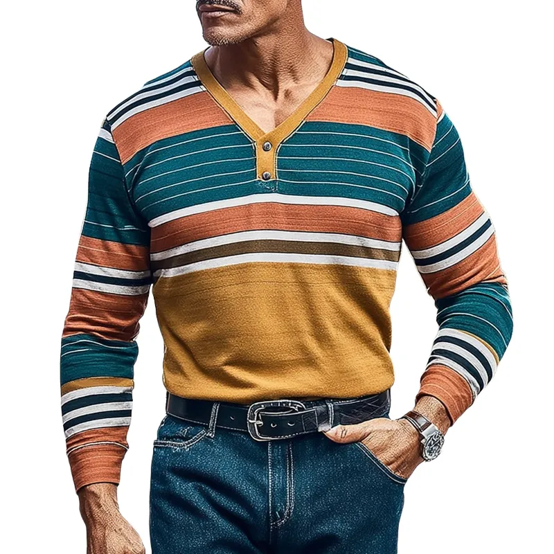 Men's Color Block Striped V-Neck Long-Sleeve T-Shirt MTA3054K4X sold by Manly