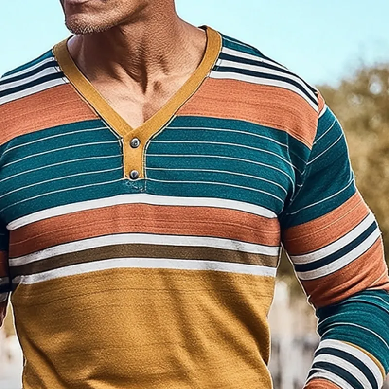 Men's Color Block Striped V-Neck Long-Sleeve T-Shirt MTA3054K4X sold by Manly product image thumbnail 3