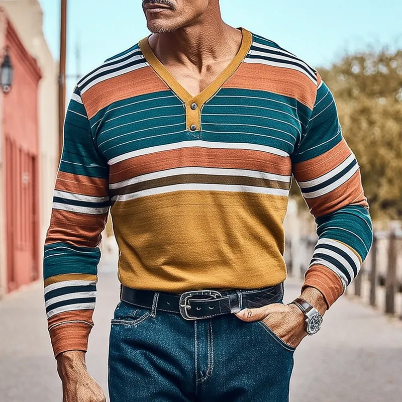 Men's Color Block Striped V-Neck Long-Sleeve T-Shirt MTA3054K4X sold by Manly product image thumbnail 2