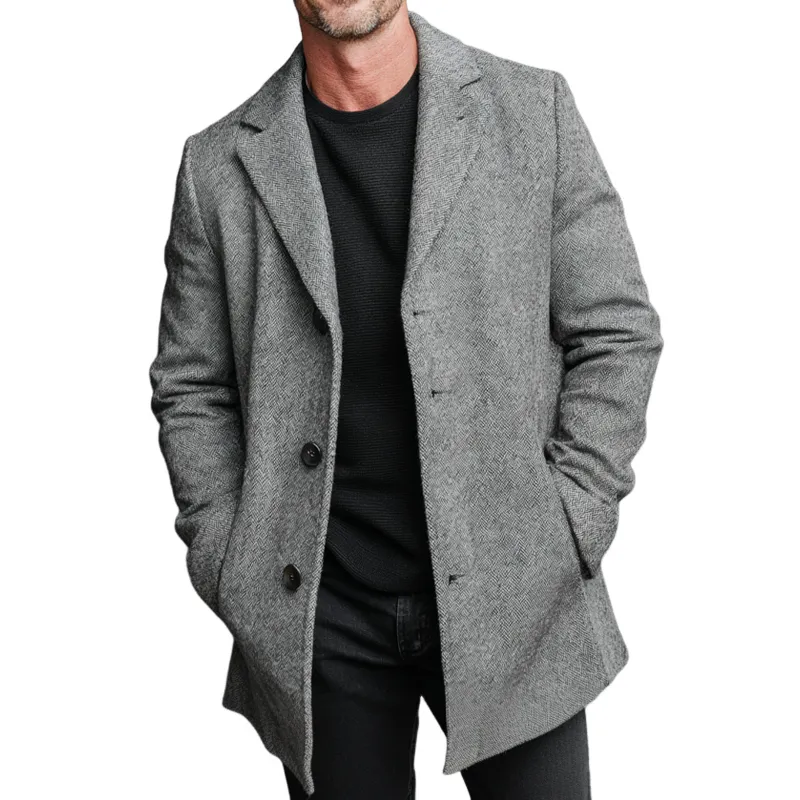 Men's Retro Faux Wool Blend Lapel Button Mid-Length Overcoat MTA3018K9X sold by Manly