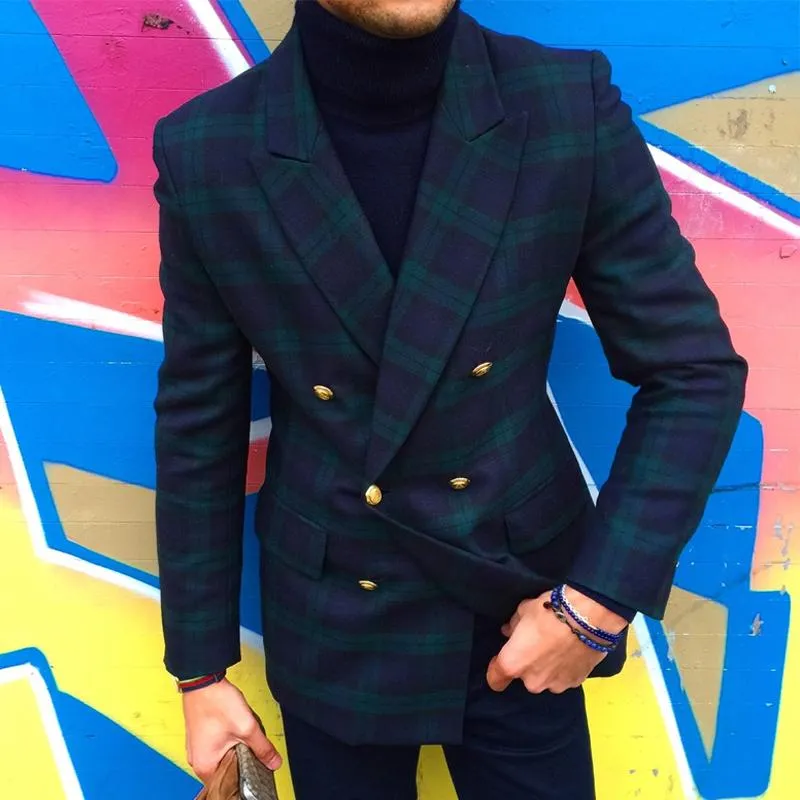 Men's Vintage Plaid Notch Lapel Double-Breasted Flap Pockets Blazer 20584917M sold by Manly product image thumbnail 2