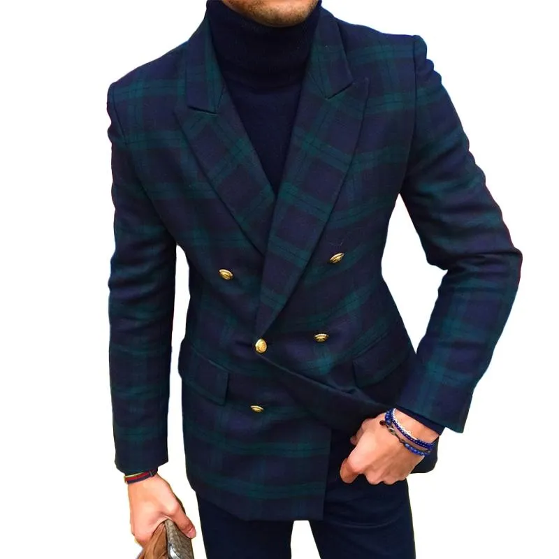 Men's Vintage Plaid Notch Lapel Double-Breasted Flap Pockets Blazer 20584917M sold by Manly