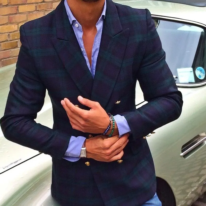 Men's Vintage Plaid Notch Lapel Double-Breasted Flap Pockets Blazer 20584917M sold by Manly product image thumbnail 3