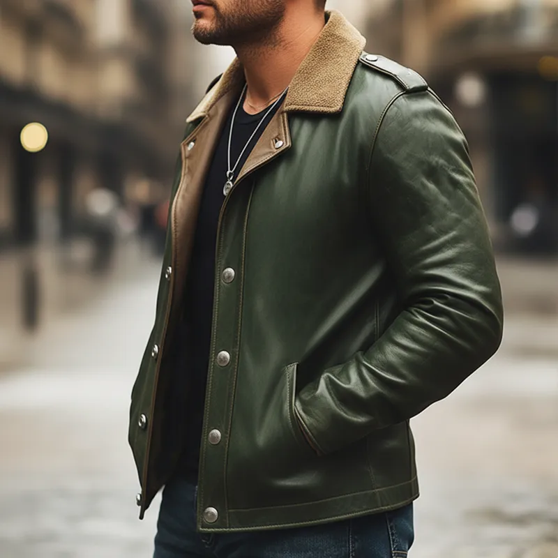 Men's Retro Snap Button Fleece Collar PU Leather Jacket MTA2947K8U sold by Manly product image thumbnail 3