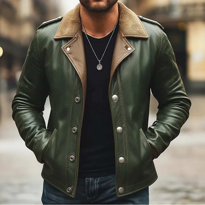 Men's Retro Snap Button Fleece Collar PU Leather Jacket MTA2947K8U sold by Manly product image thumbnail 2