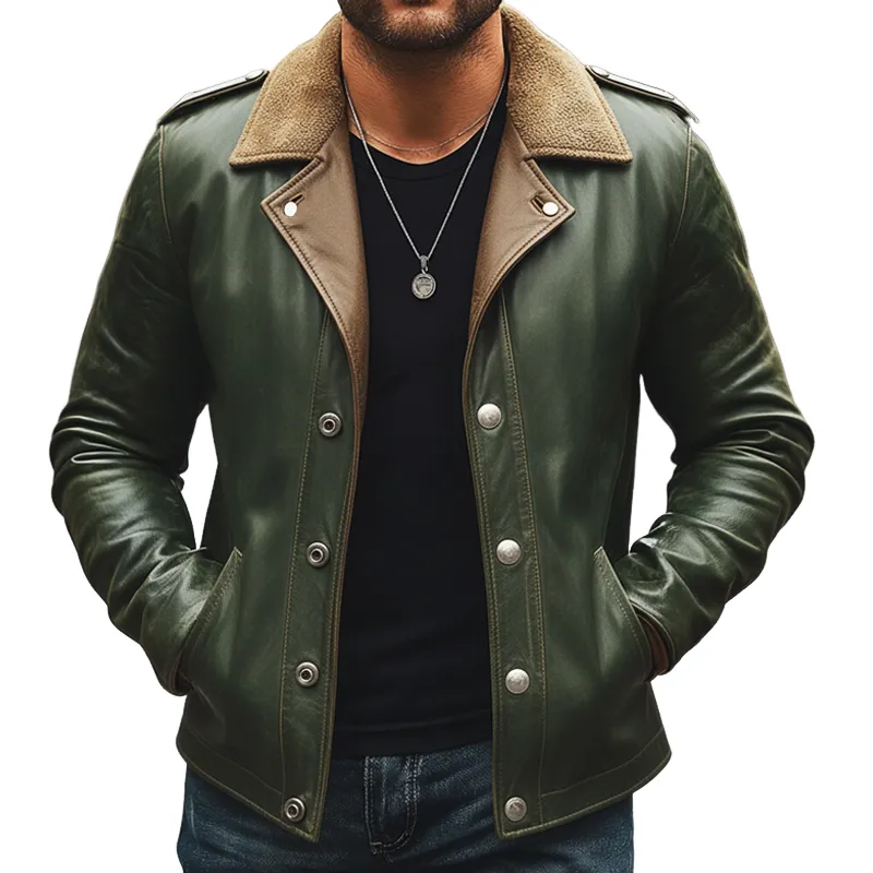 Men's Retro Snap Button Fleece Collar PU Leather Jacket MTA2947K8U sold by Manly