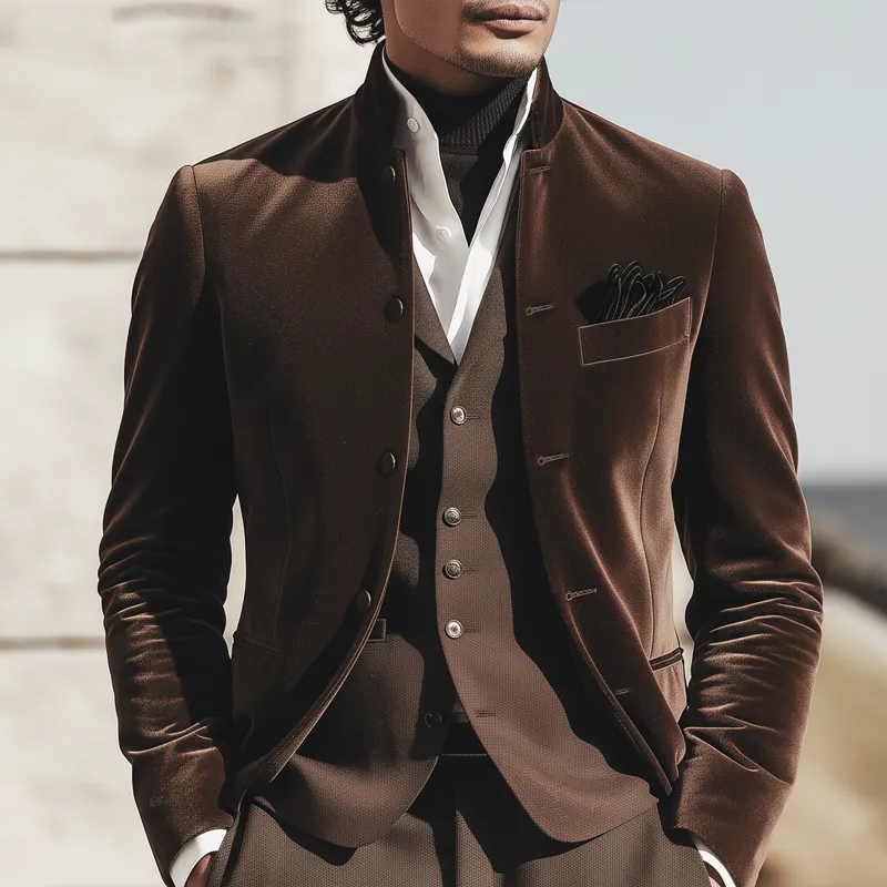Men's Vintage Chocolate-colored Velvet Stand-collar Jacket MTA2994K1U sold by Manly product image thumbnail 2