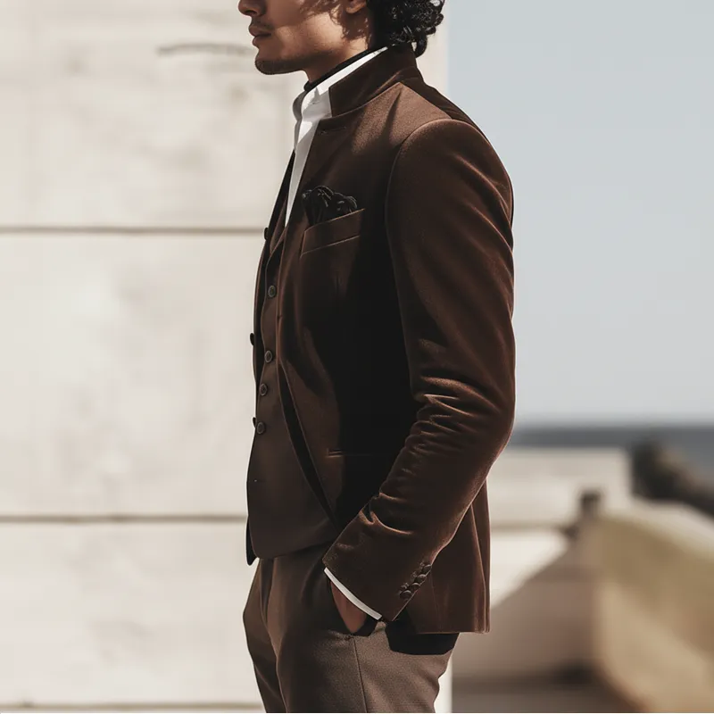 Men's Vintage Chocolate-colored Velvet Stand-collar Jacket MTA2994K1U sold by Manly product image thumbnail 3