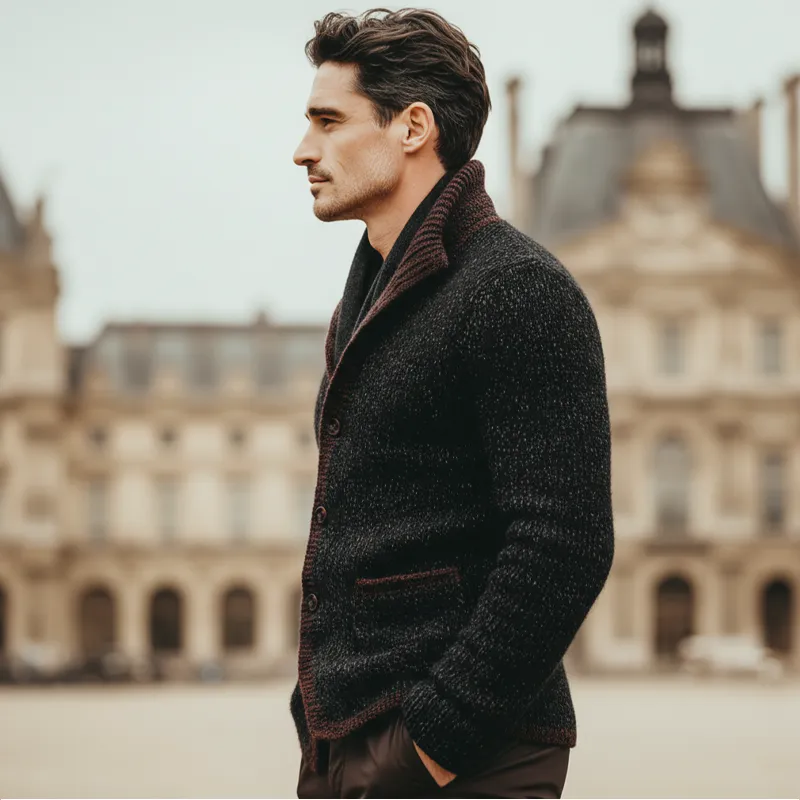 Men's Vintage Stand-collar Color-block Button-up Knitted Cardigan MTA2917K4U sold by Manly product image thumbnail 3