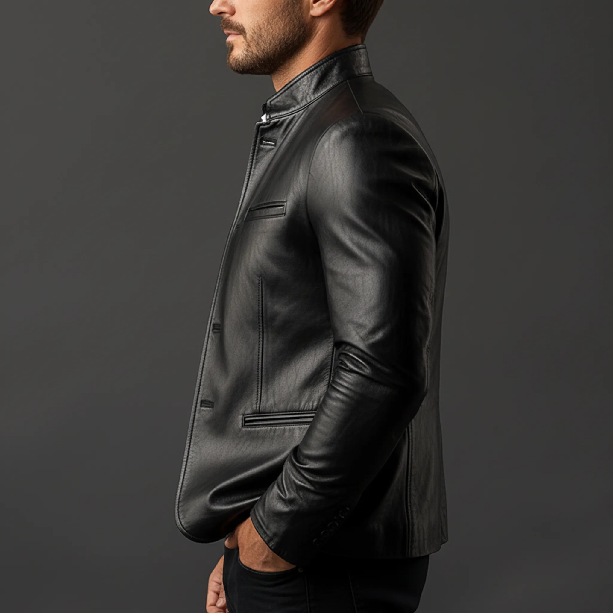 Men's Classic Retro PU Leather Stand Collar Single-breasted Slim Fit Jacket MTA2993K0K sold by Manly product image thumbnail 3