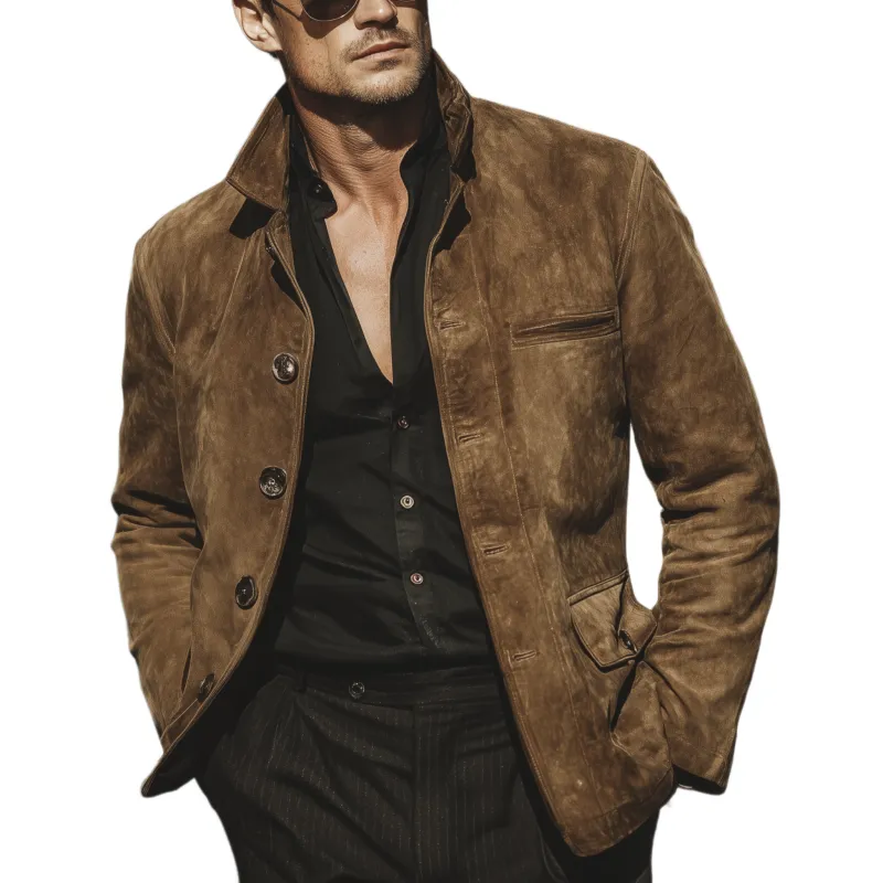 Men's Classic Retro Western Style Faux Suede Stand Collar Single-breasted Jacket MTA2915K3K sold by Manly