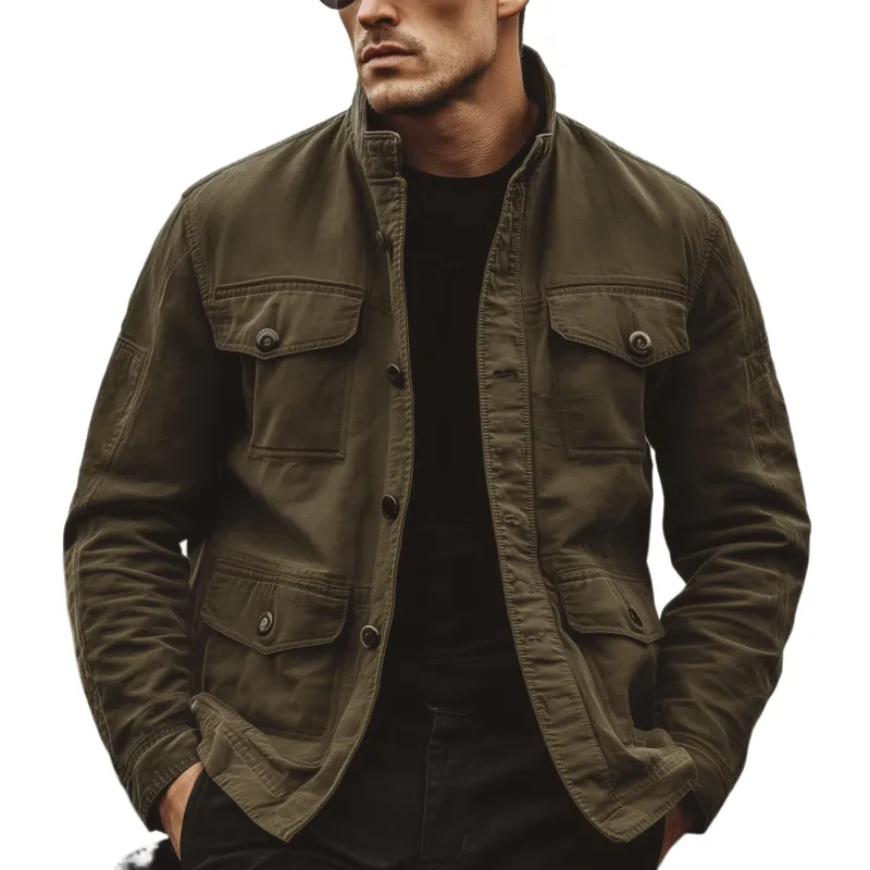 Men's Classic Casual Western Style Stand Collar Multi-Pocket Washed Twill Cotton Jacket MTA2961K1K sold by Manly