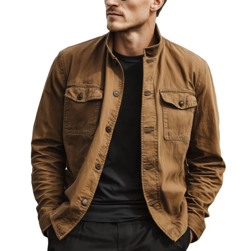 Men's Classic Casual Western Style Stand Collar Washed Twill Cotton Jacket MTA2904K2K sold by Manly