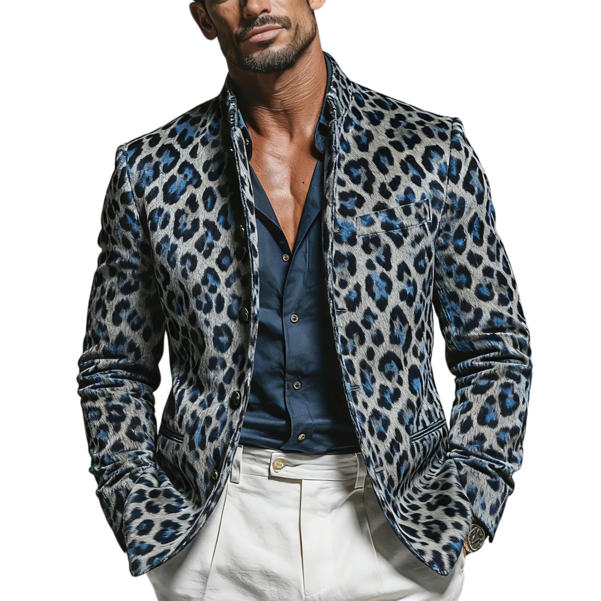 Men's Fashionable And Unique Leopard Print Faux Suede Stand Collar Jacket MTA2958K2K sold by Manly