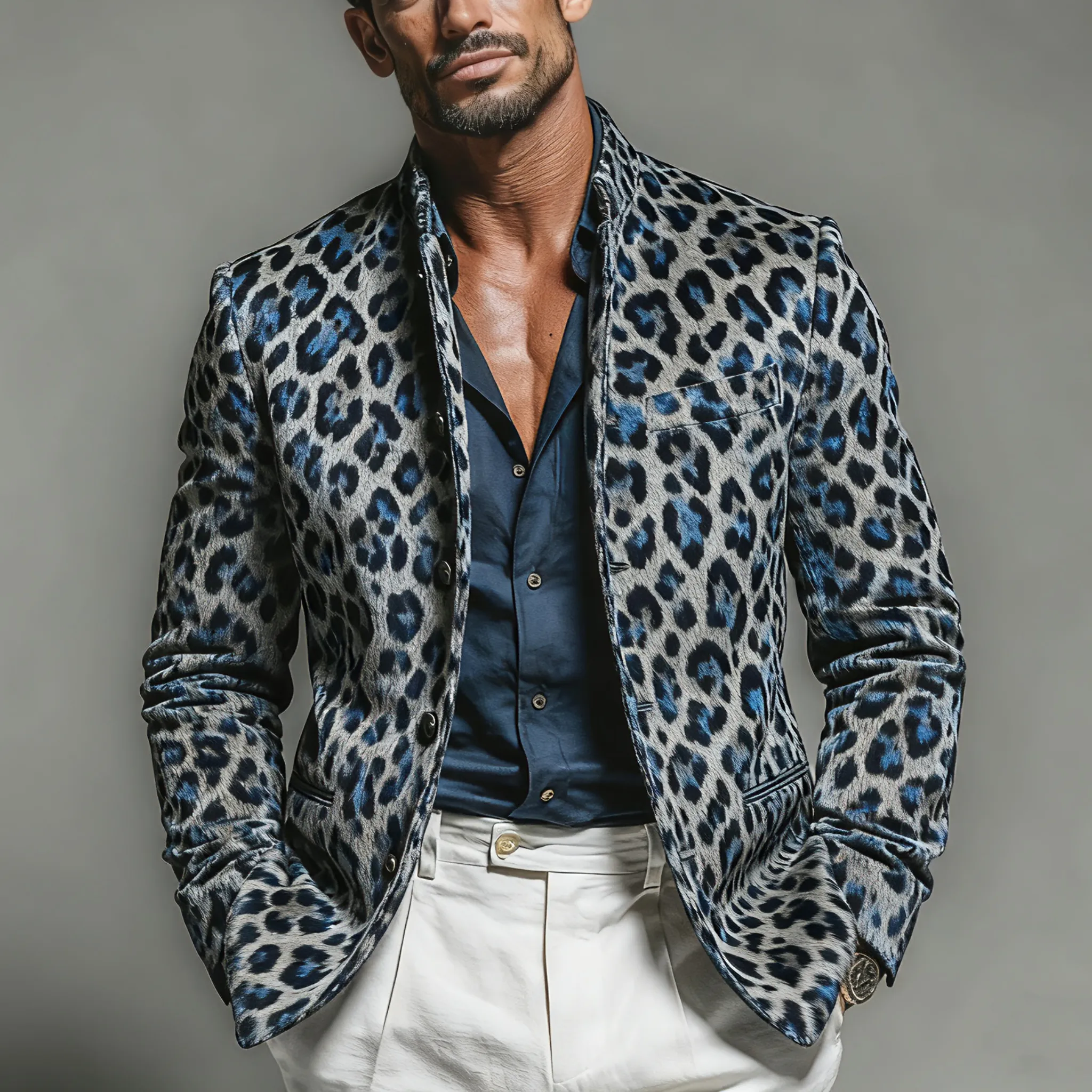 Men's Fashionable And Unique Leopard Print Faux Suede Stand Collar Jacket MTA2958K2K sold by Manly product image thumbnail 2