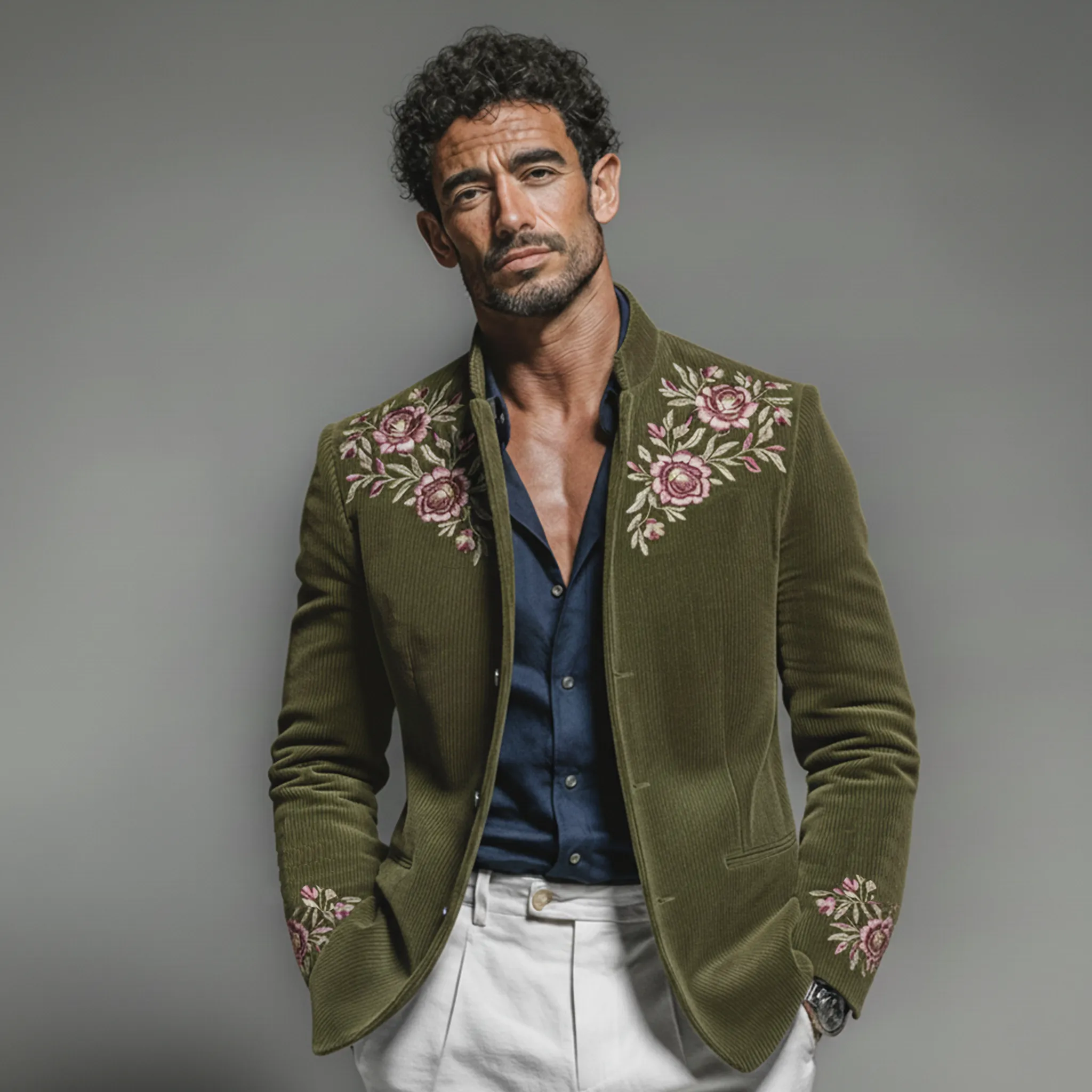 Men's Classic Retro Embroidered Corduroy Stand Collar Jacket MTA2971K4K sold by Manly product image thumbnail 3