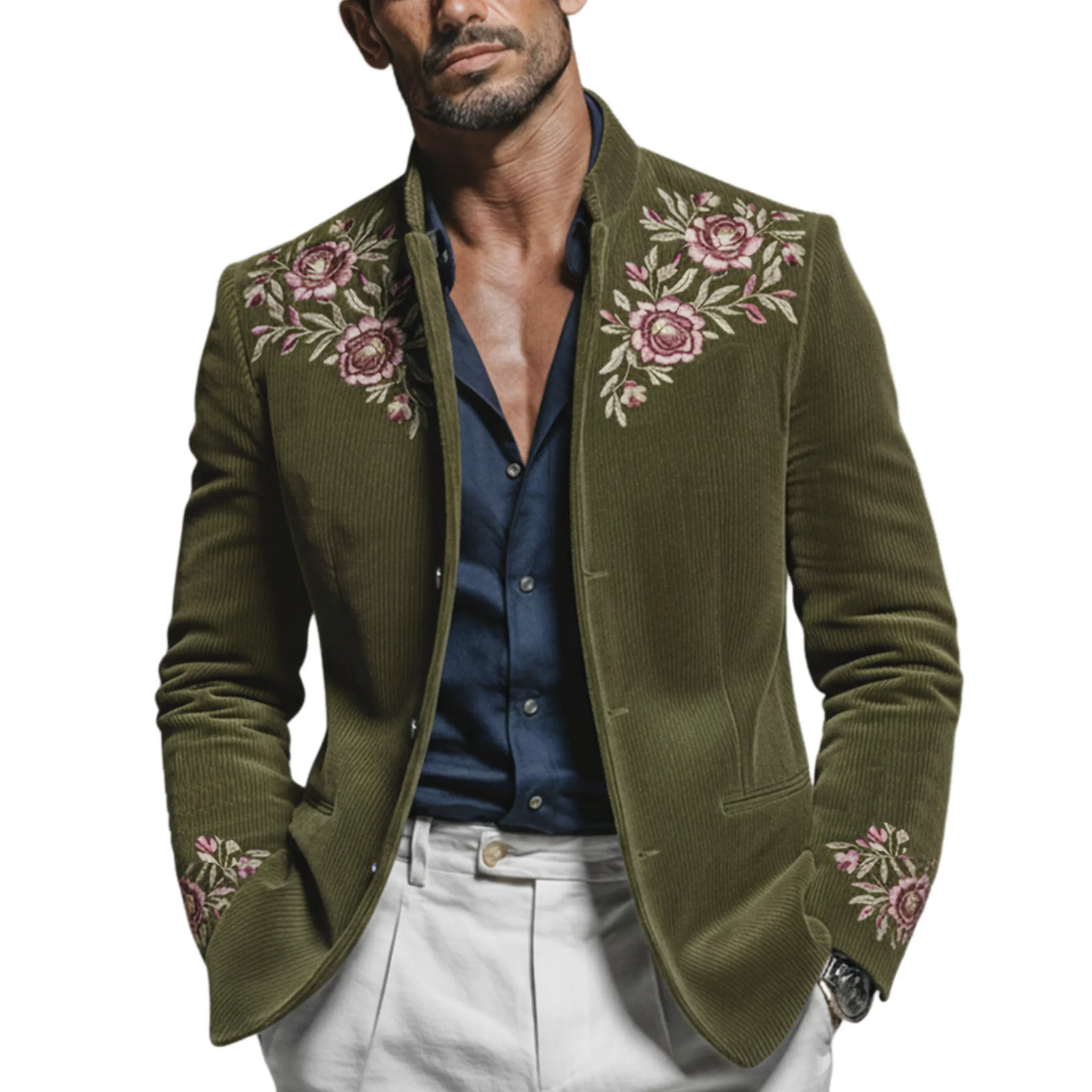Men's Classic Retro Embroidered Corduroy Stand Collar Jacket MTA2971K4K sold by Manly