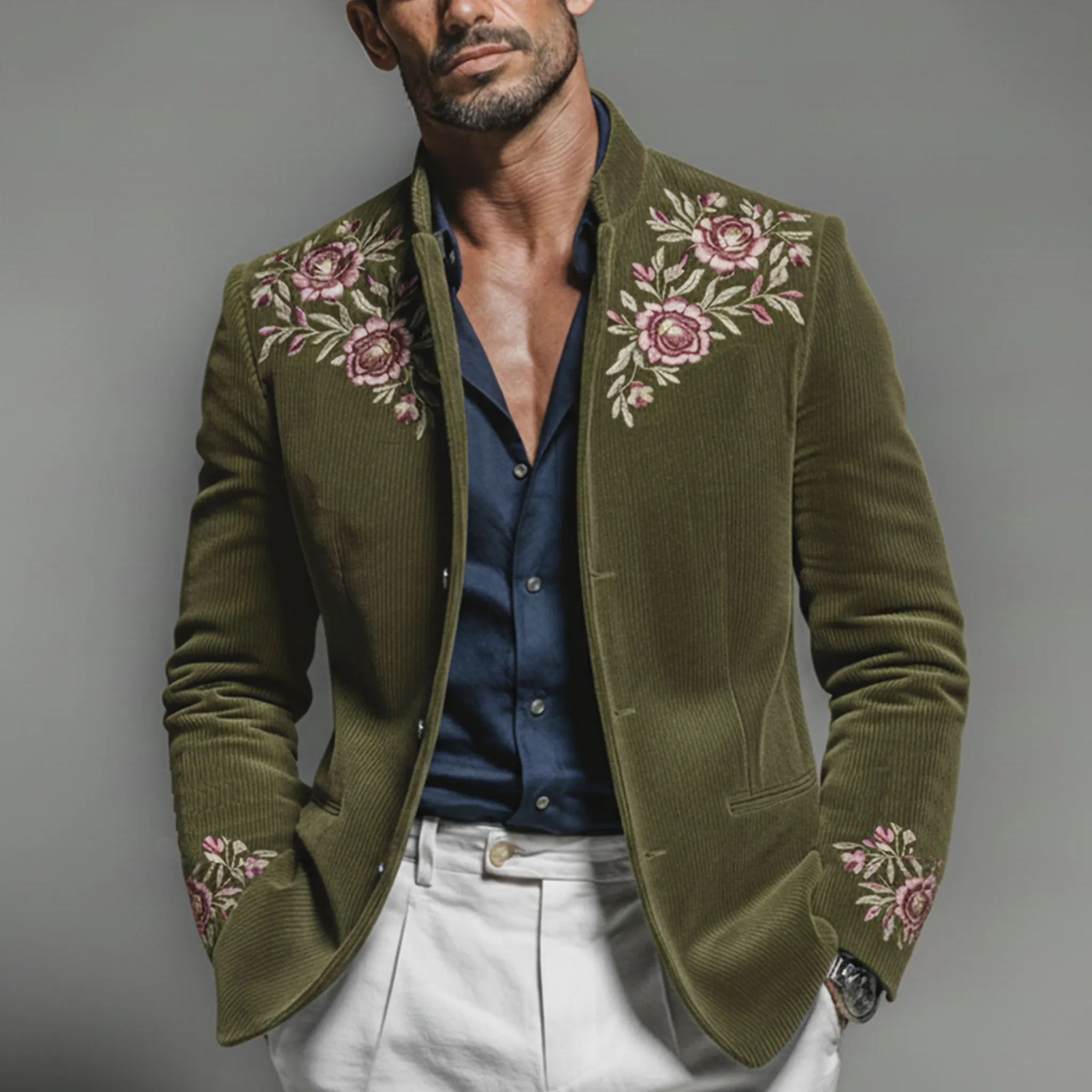 Men's Classic Retro Embroidered Corduroy Stand Collar Jacket MTA2971K4K sold by Manly product image thumbnail 2