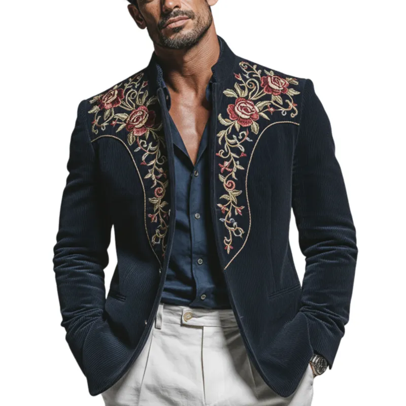 Men's Classic Retro Embroidered Corduroy Stand Collar Single-breasted Jacket MTA2946K9K sold by Manly
