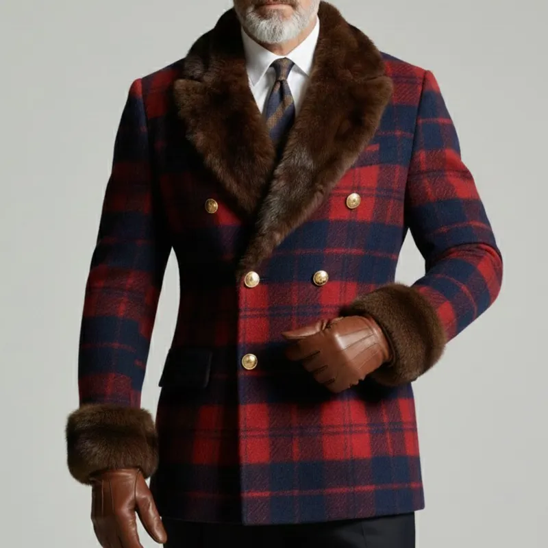 Men's Retro Casual Plaid Fur Collar Blazer MTA2955K3TO sold by Manly product image thumbnail 2