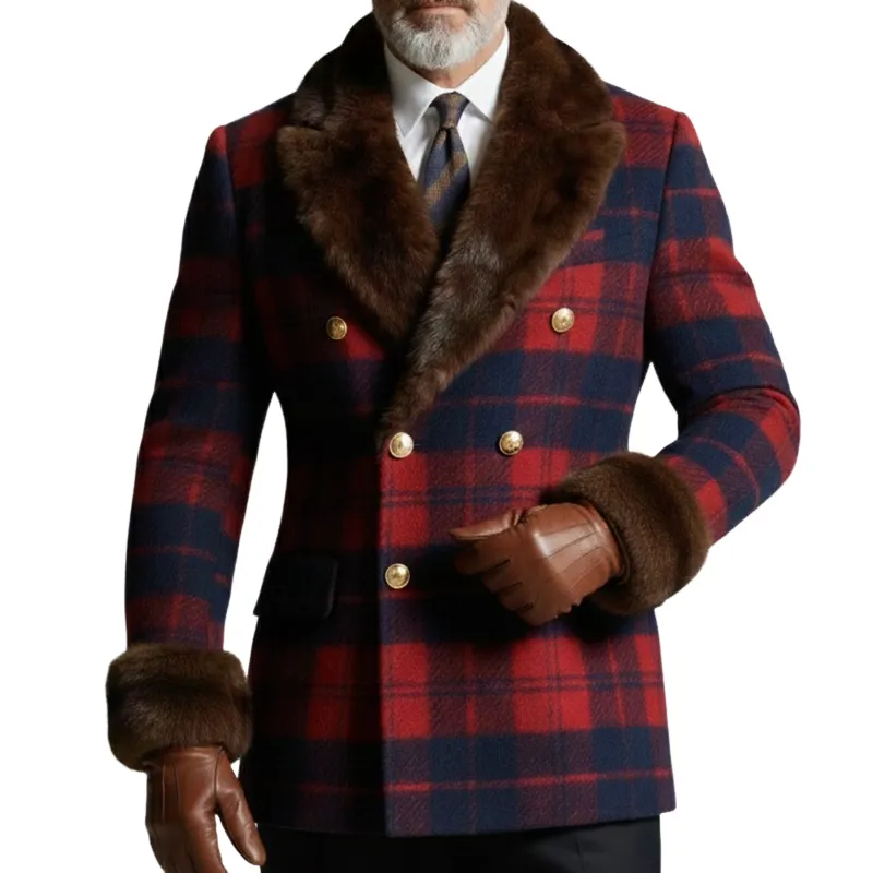 Men's Retro Casual Plaid Fur Collar Blazer MTA2955K3TO sold by Manly
