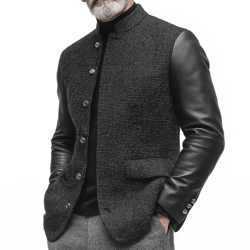 Men's Retro Casual PU Patchwork Stand Collar Jacket MTA2919K9TO sold by Manly product image thumbnail 2