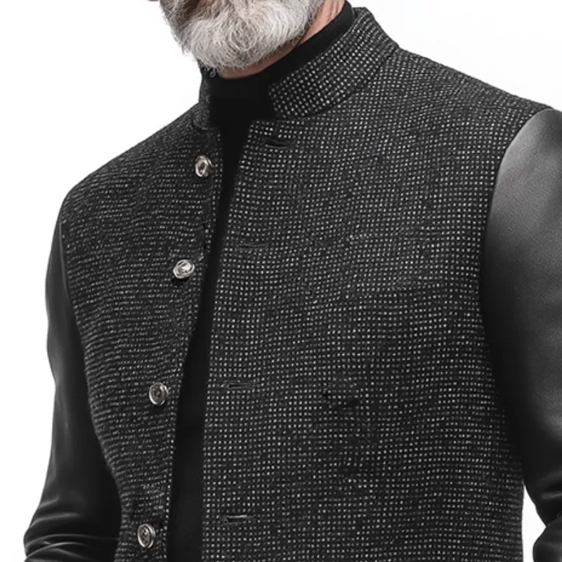 Men's Retro Casual PU Patchwork Stand Collar Jacket MTA2919K9TO sold by Manly product image thumbnail 3