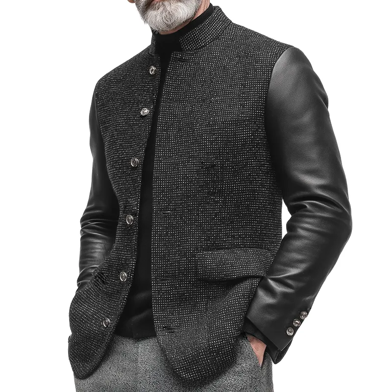 Men's Retro Casual PU Patchwork Stand Collar Jacket MTA2919K9TO sold by Manly