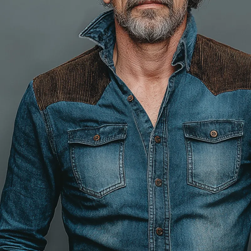 Men's Retro Casual Denim Corduroy Patchwork Lapel Long-Sleeve Shirt MTA2867K9TO sold by Manly product image thumbnail 3