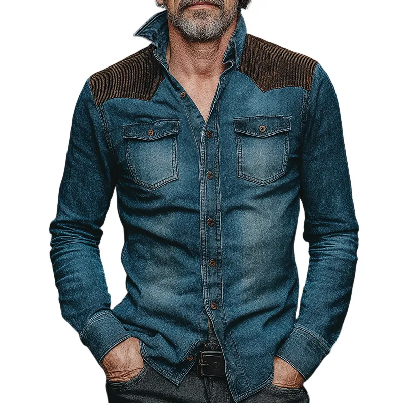 Men's Retro Casual Denim Corduroy Patchwork Lapel Long-Sleeve Shirt MTA2867K9TO sold by Manly